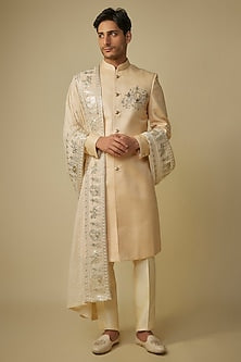 Gold Herringbone Fabric Motif Work Sherwani Set