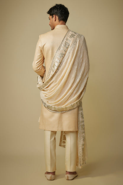 Gold Herringbone Fabric Motif Work Sherwani Set