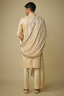 Gold Herringbone Fabric Motif Work Sherwani Set
