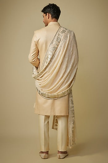 Gold Herringbone Fabric Motif Work Sherwani Set