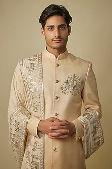 Gold Herringbone Fabric Motif Work Sherwani Set