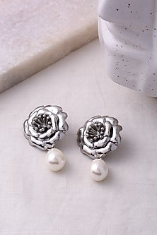 Silver Finish Rose Stud Earrings