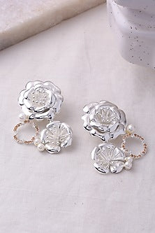 Silver Finish Pearl Floral Stud Earrings
