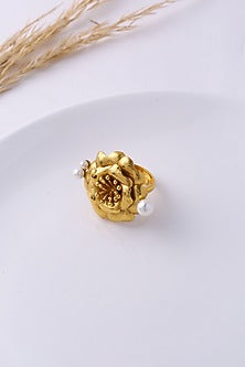 Gold Finish Pearl Floral Ring