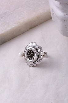 Silver Finish Pearl Floral Ring