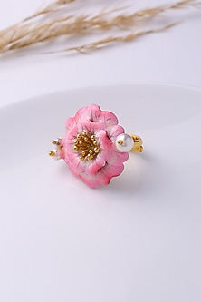 Gold Finish Enameled Pearl Floral Ring