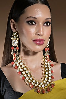 Gold Finish Hand Painted Coral Drops Necklace Set