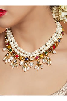 Gold Finish Navratna Stone Necklace
