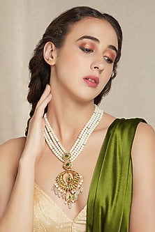 Gold Finish Jade & Shell Pearl Long Necklace