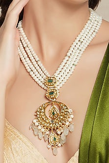 Gold Finish Jade & Shell Pearl Long Necklace