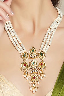 Gold Finish Hydro Kundan Polki & Pearl Necklace