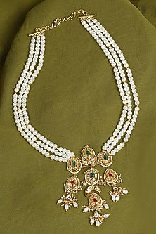 Gold Finish Hydro Kundan Polki & Pearl Necklace
