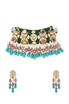 Gold Finish Pearls & Kundan Polki Necklace Set