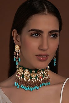 Gold Finish Pearls & Kundan Polki Necklace Set