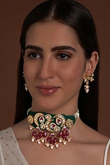 Gold Finish Pearls & Kundan Polki Choker Necklace Set