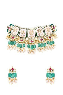 Gold Finish Kundan Polki Handcrafted Necklace Set
