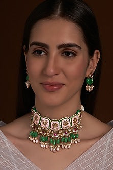 Gold Finish Kundan Polki Handcrafted Necklace Set