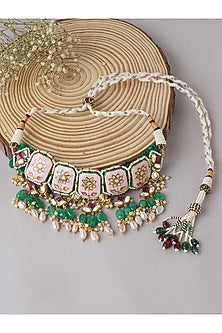 Gold Finish Kundan Polki Handcrafted Necklace Set