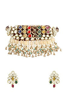Gold Finish Navratan Polki Necklace Set