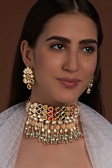 Gold Finish Navratan Polki Necklace Set