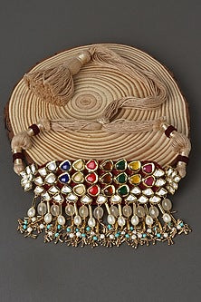 Gold Finish Navratan Polki Necklace Set