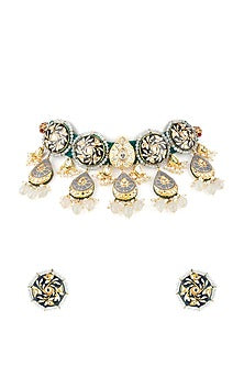 Gold Finish Meenakari Necklace Set With Agate Drops