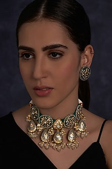 Gold Finish Meenakari Necklace Set With Agate Drops