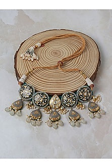 Gold Finish Meenakari Necklace Set With Agate Drops
