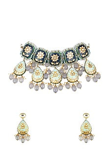 Gold Finish Agate & Kundan Polki Necklace Set