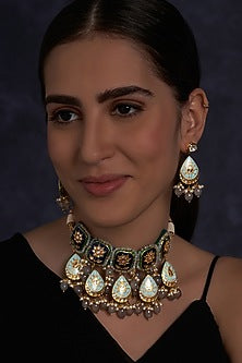 Gold Finish Agate & Kundan Polki Necklace Set