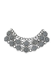 Gold Finish Carved Grey Stones Necklace
