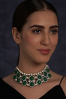 Gold Finish Carved Stones Necklace