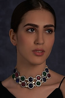 Gold Finish Carved Multi-Colored Stones Necklace
