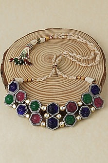 Gold Finish Carved Multi-Colored Stones Necklace