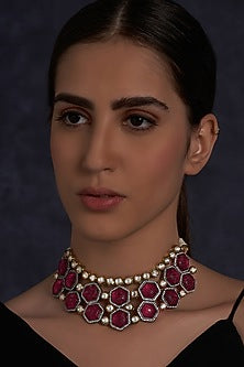 Gold Finish Carved Pink Stones Necklace