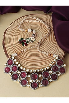 Gold Finish Carved Pink Stones Necklace