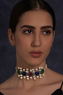 Gold Finish Carved Stones Necklace