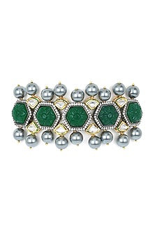 Gold Finish Necklace With Green Carved Stones
