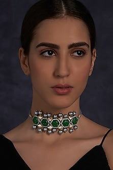 Gold Finish Necklace With Green Carved Stones