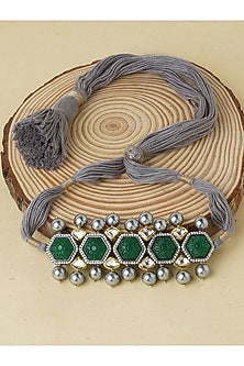 Gold Finish Necklace With Green Carved Stones
