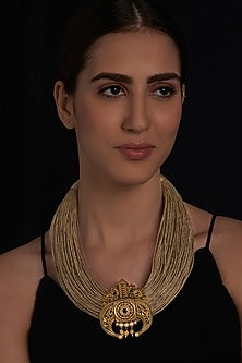 Gold Finish Necklace In Jute Thread