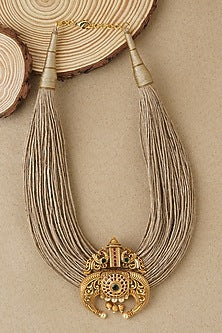 Gold Finish Necklace In Jute Thread
