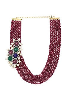 Gold Finish Carved Stones & Red Agate Necklace