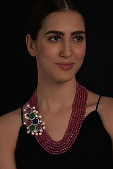 Gold Finish Carved Stones & Red Agate Necklace