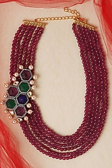 Gold Finish Carved Stones & Red Agate Necklace