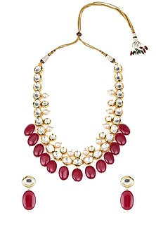 Gold Finish Necklace Set With Red Agate Drops