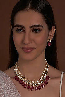 Gold Finish Necklace Set With Red Agate Drops