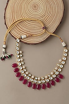 Gold Finish Necklace Set With Red Agate Drops