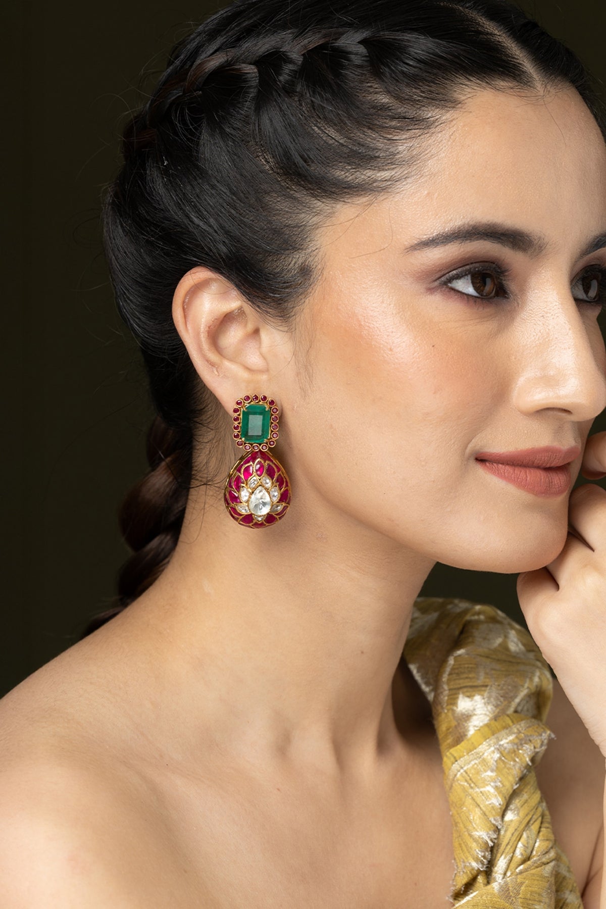Gold Finish Green & Pink Stone Dangler Earrings
