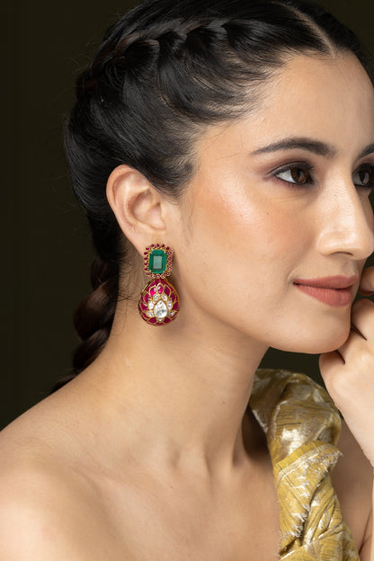 Gold Finish Green & Pink Stone Dangler Earrings
